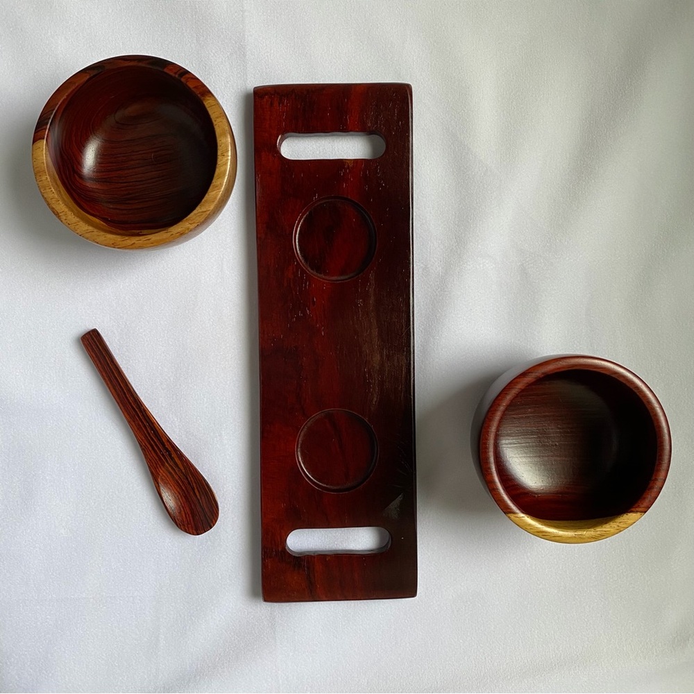 Vintage Wooden Double Bowl Set with Spoon - Rich Brown and Natural Wood Trim - Picture 6 of 12